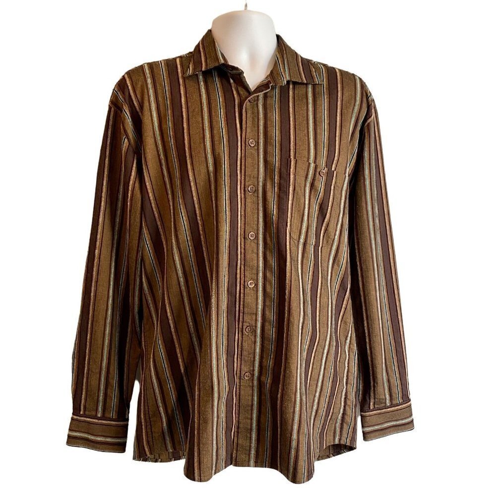 Haupt Mens Brown Striped Button Down Shirt Large